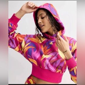 Adidas x Farm Rio Women’s 2X Cropped Hoodie Pink Birds of Paradise Sweatshirt D